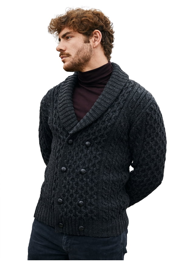100% Merino Wool Double Breasted Shawl Irish Cardigan Sweater Men's Cable Knit Aran Buttons Sweater Made in Ireland