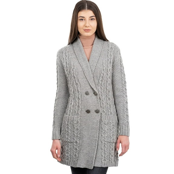 SAOL 100% Merino Wool Irish Aran Shawl Collar Double Breasted Cardigan Women's Cable Knit Coat with Pockets Made in Ireland