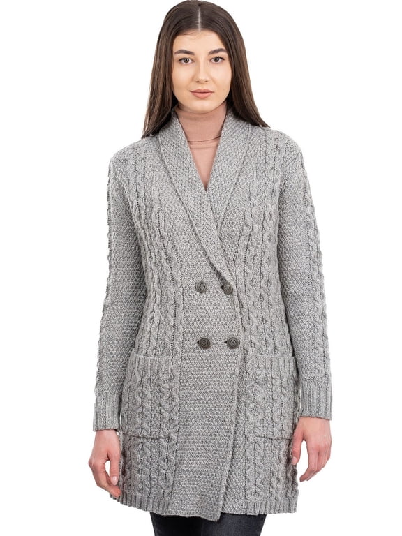 100% Merino Wool Irish Aran Shawl Collar Double Breasted Cardigan Women's Cable Knit Coat with Pockets Made in Ireland