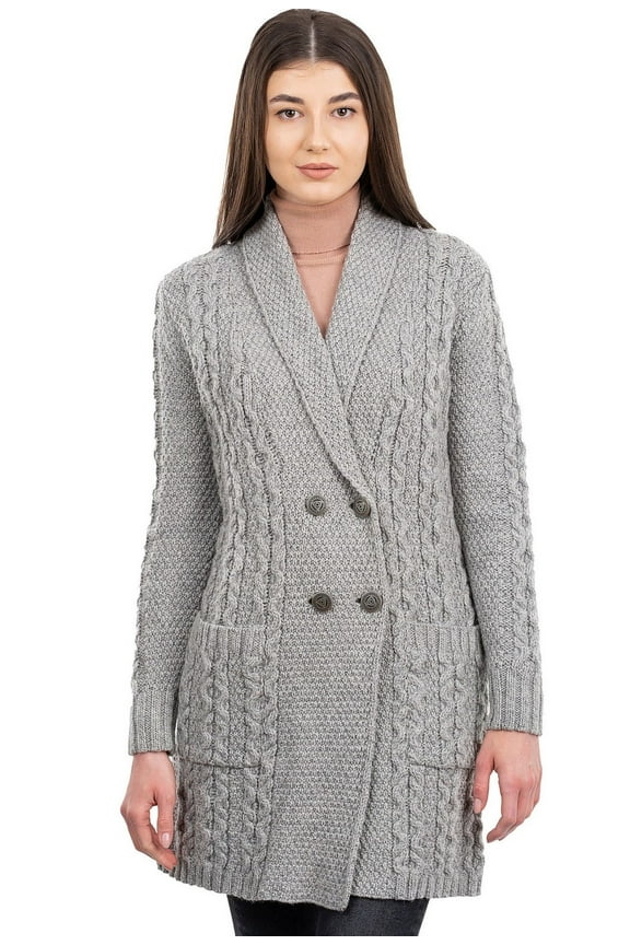 100% Merino Wool Irish Aran Shawl Collar Double Breasted Cardigan Women's Cable Knit Coat with Pockets Made in Ireland