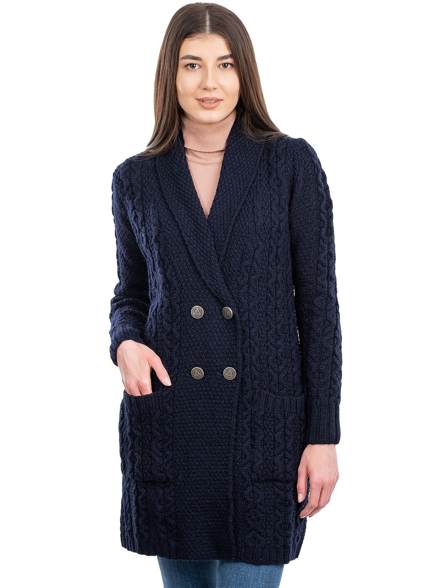 Saol 100 Merino Wool Irish Aran Shawl Collar Double Breasted Cardigan Womens Cable Knit Coat 1973