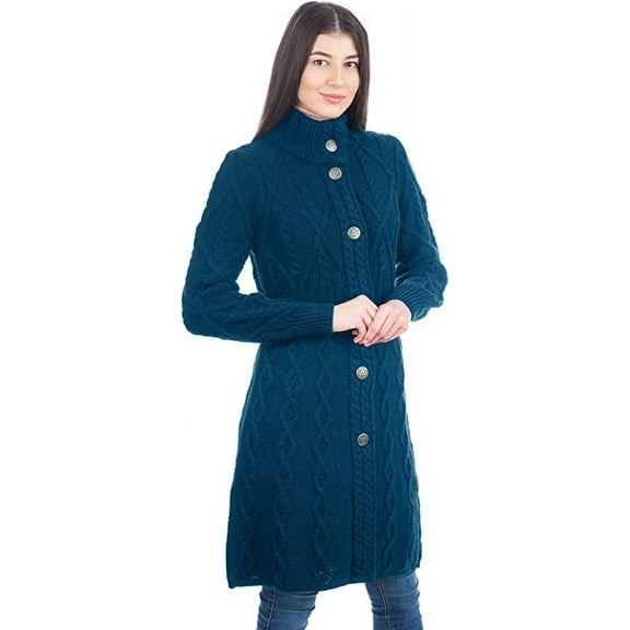 SAOL 100% Merino Wool Irish Cardigan Women's Aran Long Outdoor Cable Knit Coatigan Jacket with Celtic Knot Buttons Made in Ireland