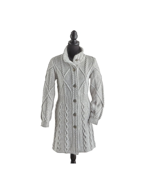 SAOL 100% Merino Wool Irish Cardigan Women's Aran Long Outdoor Cable Knit Coatigan Jacket with Celtic Knot Buttons Made in Ireland