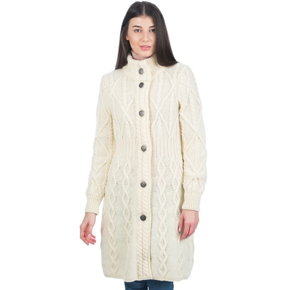 SAOL 100% Merino Wool Irish Cardigan Women's Aran Long Outdoor Cable Knit Coatigan Jacket with Celtic Knot Buttons Made in Ireland