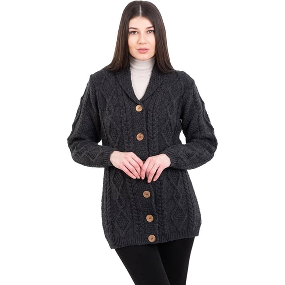 SAOL 100 % Merino Wool Ladies Shawl Collar Cardigan