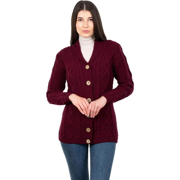 SAOL 100 % Merino Wool Ladies Shawl Collar Cardigan
