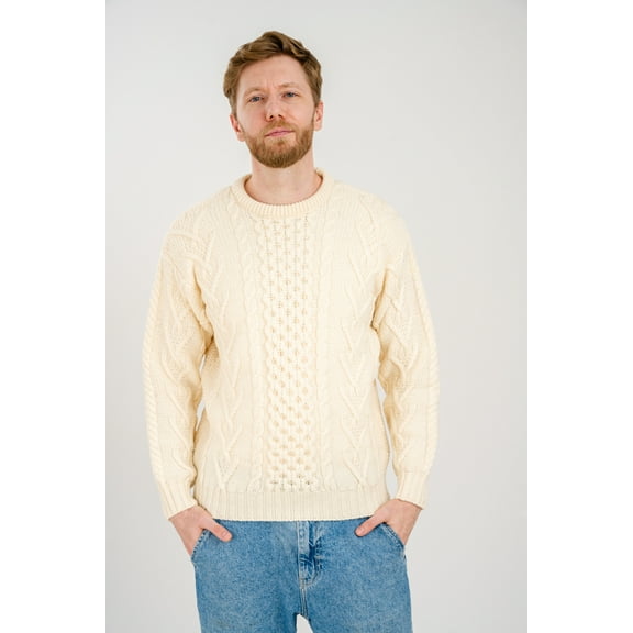 SAOL 100% Merino Wool Men's Aran Cable Knit Irish Sweater Fisherman Pullover