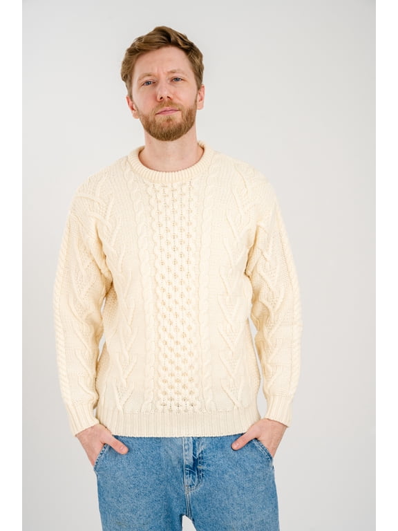 100% Merino Wool Men's Aran Cable Knit Irish Sweater Fisherman Pullover
