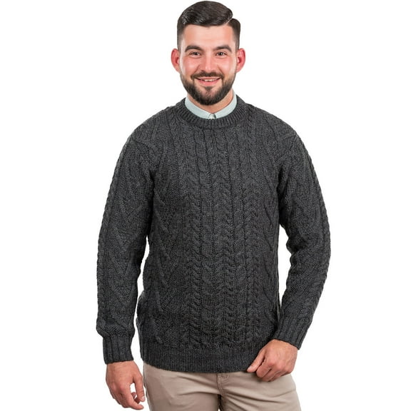 SAOL 100% Merino Wool Men's Aran Traditional Fisherman Cable Knit Sweater Irish Crew Neck Pullover Made in Ireland
