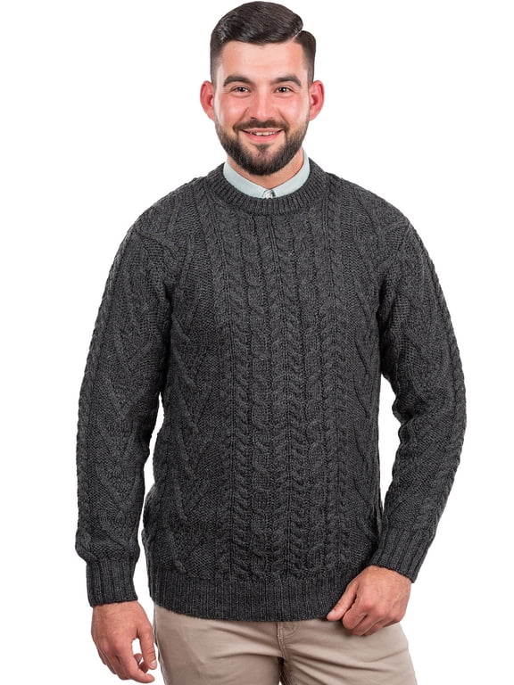 100% Merino Wool Men's Aran Traditional Fisherman Cable Knit Sweater Irish Crew Neck Pullover Made in Ireland