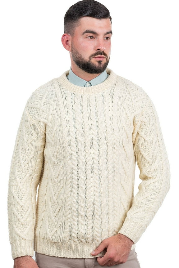 100% Merino Wool Men's Aran Traditional Fisherman Cable Knit Sweater Irish Crew Neck Pullover Made in Ireland
