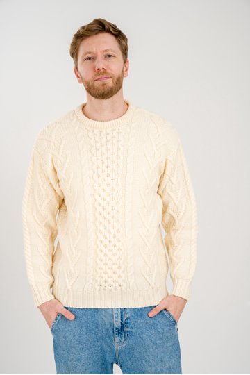 Pull Laine Mérinos Tricot Main Col Rond Large - Câbles - Ivoire Unisexe Taille L - Occasion