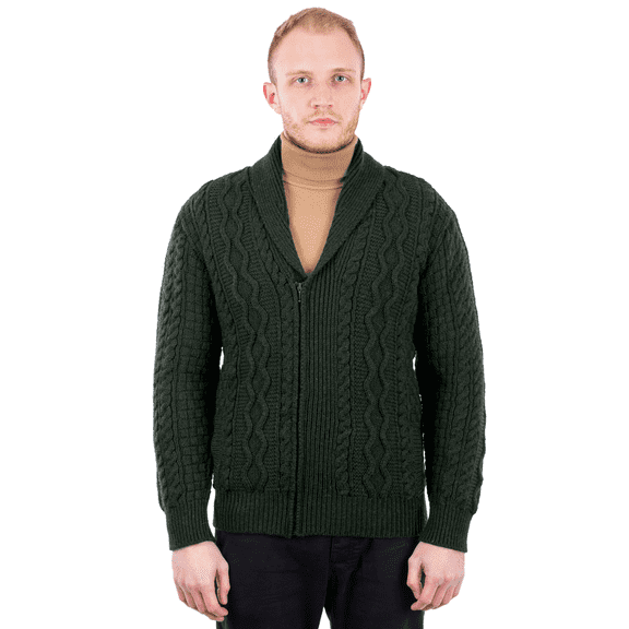 SAOL 100% Merino Wool Men's Zipper Cable Knit Cardigan Sweater Made in Ireland