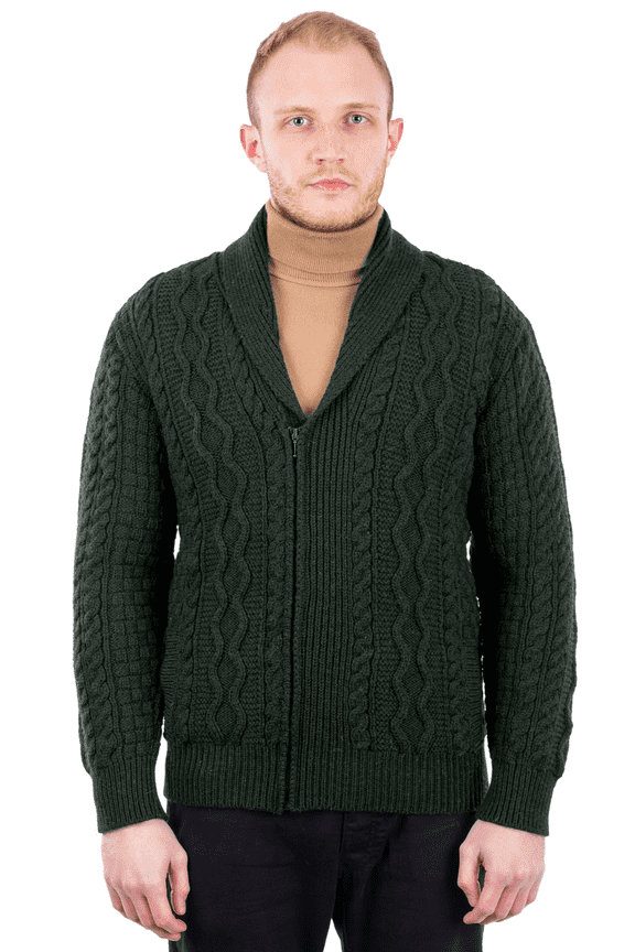 100% Merino Wool Men's Zipper Cable Knit Cardigan Sweater Made in Ireland