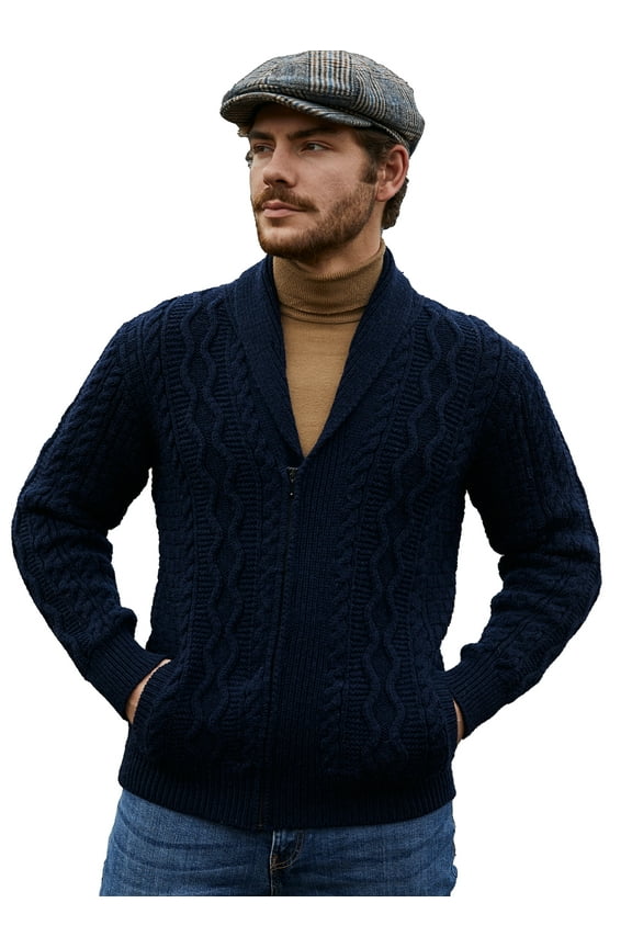 100% Merino Wool Men's Zipper Cable Knit Cardigan Sweater Made in Ireland