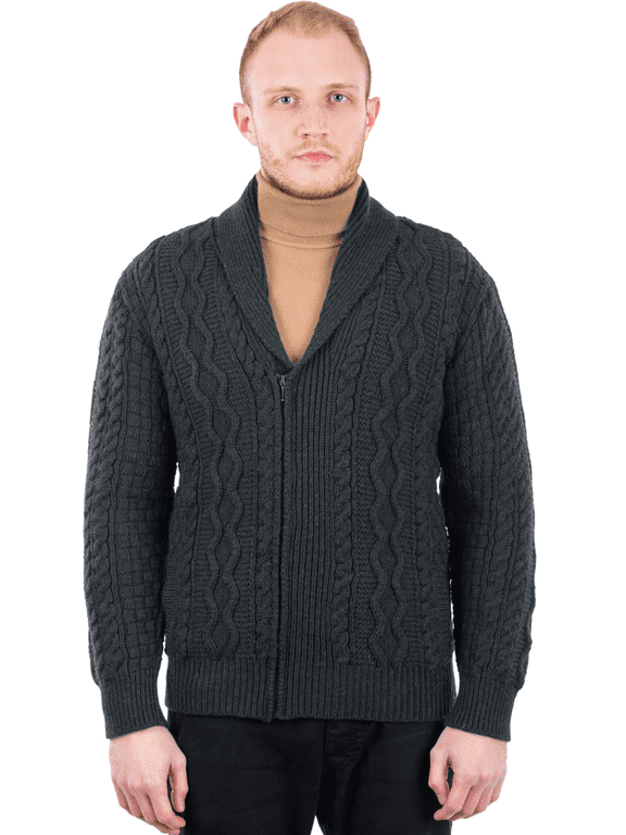 100% Merino Wool Men's Zipper Cable Knit Cardigan Sweater Made in Ireland