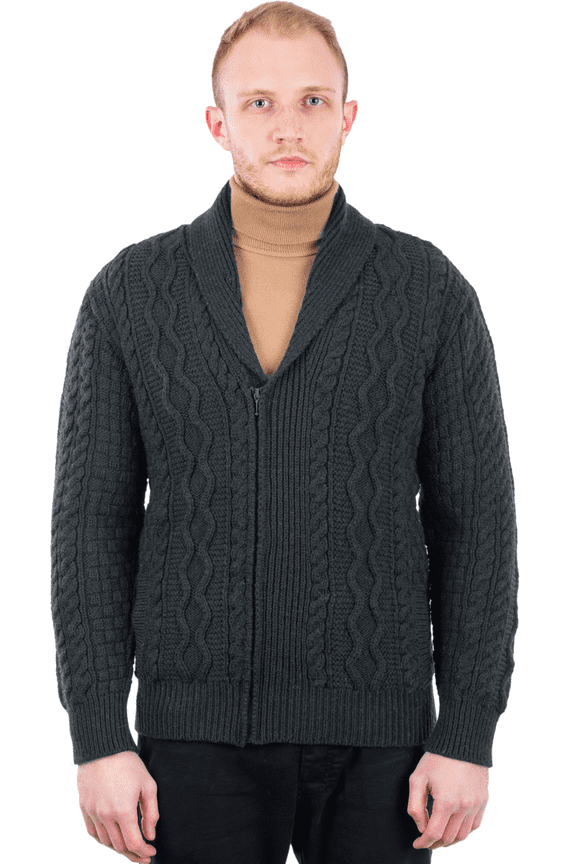 100% Merino Wool Men's Zipper Cable Knit Cardigan Sweater Made in Ireland