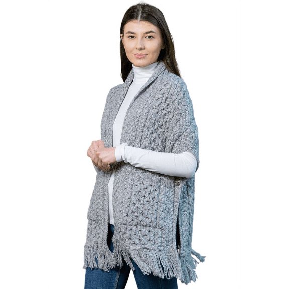 SAOL 100% Merino Wool Shawl/Poncho Sweater/Open Cardigan/Wool Cape with Pockets with Fringe Trim and Trinity Knot Button