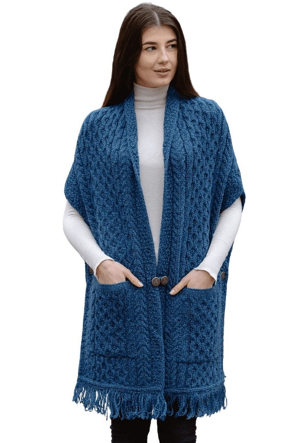 100% Merino Wool Shawl/Poncho Sweater/Open Cardigan/Wool Cape with Pockets with Fringe Trim and Trinity Knot Button