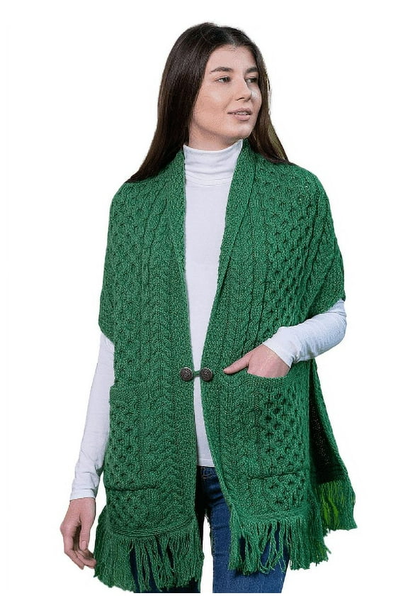 100% Merino Wool Shawl/Poncho Sweater/Open Cardigan/Wool Cape with Pockets with Fringe Trim and Trinity Knot Button