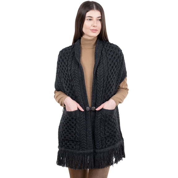 SAOL 100% Merino Wool Shawl/Poncho Sweater/Open Cardigan/Wool Cape with Pockets with Fringe Trim and Trinity Knot Button