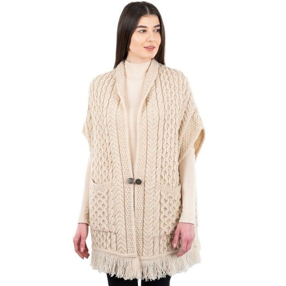 SAOL 100% Merino Wool Shawl/Poncho Sweater/Open Cardigan/Wool Cape with Pockets with Fringe Trim and Trinity Knot Button