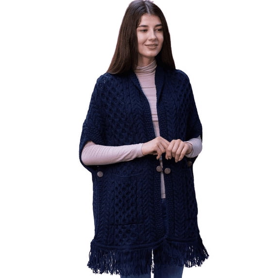 SAOL 100% Merino Wool Shawl/Poncho Sweater/Open Cardigan/Wool Cape with Pockets with Fringe Trim and Trinity Knot Button