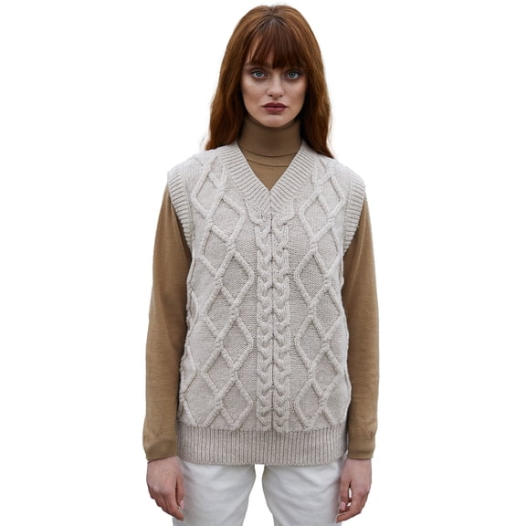 SAOL 100% Merino Wool V Neck Cable Knit Vest Women's Oversized Sleeveless Aran Irish Sweater Top Made in Ireland