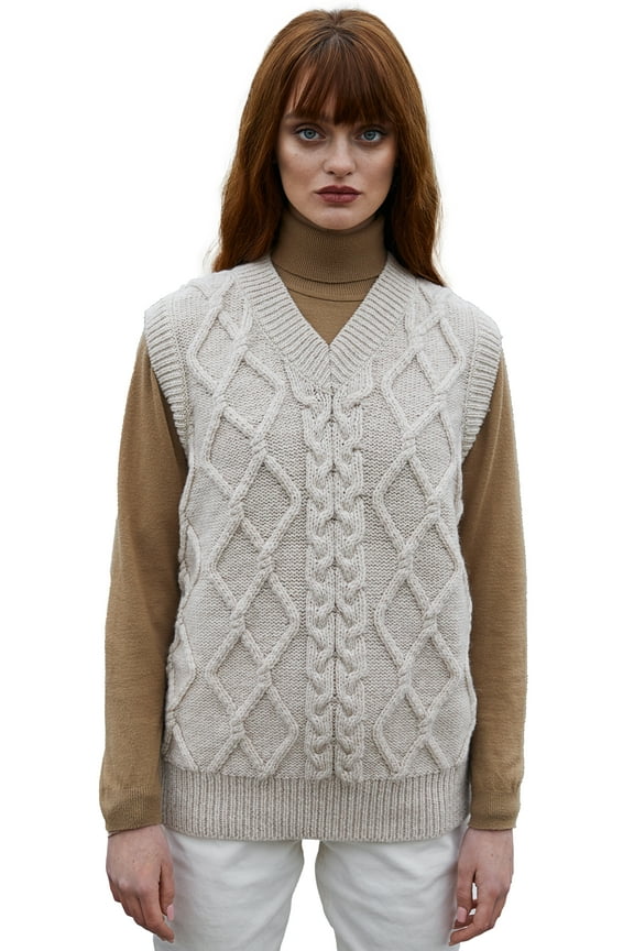 100% Merino Wool V Neck Cable Knit Vest Women's Oversized Sleeveless Aran Irish Sweater Top Made in Ireland