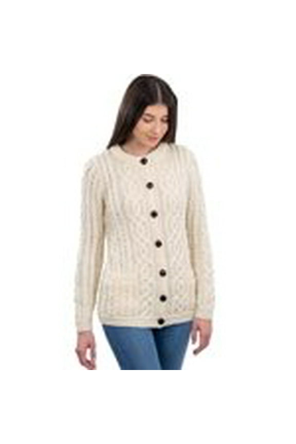 100% Merino Wool Women's Aran Button Up Cable Knit Cardigan Sweater Irish Lumber Jacket with Pockets Made in Ireland