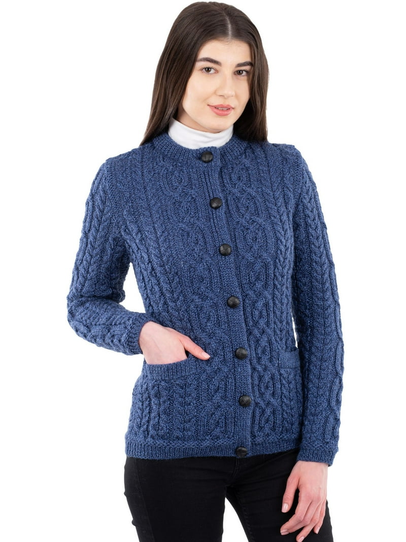 SAOL 100% Merino Wool Women's Aran Cardigan, Stylish Cable Knit