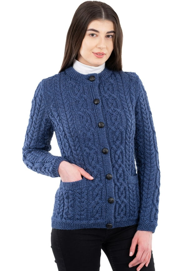 100% Merino Wool Women's Aran Button Up Cable Knit Cardigan Sweater Irish Lumber Jacket with Pockets Made in Ireland