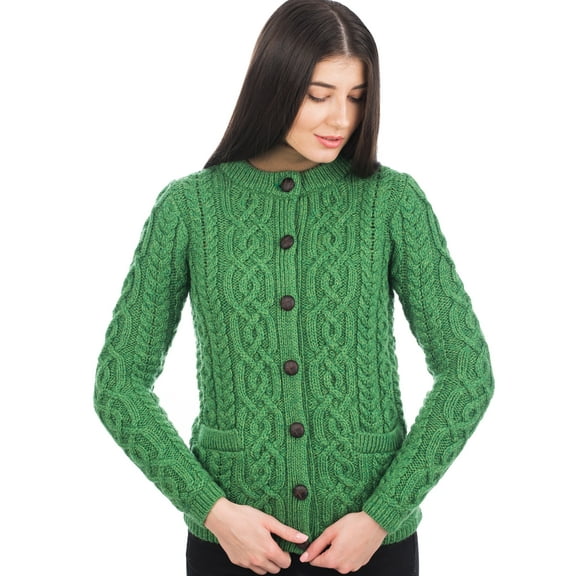 SAOL 100% Merino Wool Women's Aran Button Up Cable Knit Cardigan Sweater Irish Lumber Jacket with Pockets Made in Ireland