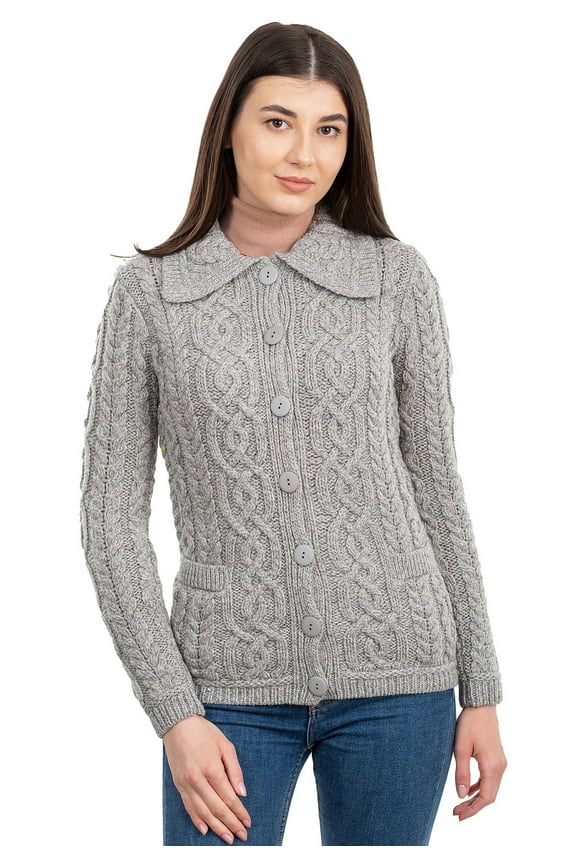 100% Merino Wool Women's Aran Cable Knit Cardigan Sweater Button Up Irish Jacket with Pockets Made in Ireland