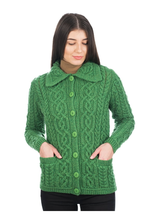 100% Merino Wool Women's Aran Cable Knit Cardigan Sweater Button Up Irish Jacket with Pockets Made in Ireland