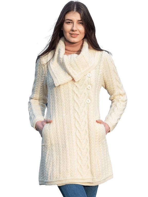 100% Merino Wool Women's Aran Cable Knit Cardigan Sweater Irish Oversized Collar Long Outdoor Coat Made in Ireland
