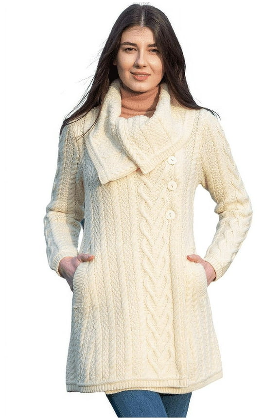 100% Merino Wool Women's Aran Cable Knit Cardigan Sweater Irish Oversized Collar Long Outdoor Coat Made in Ireland