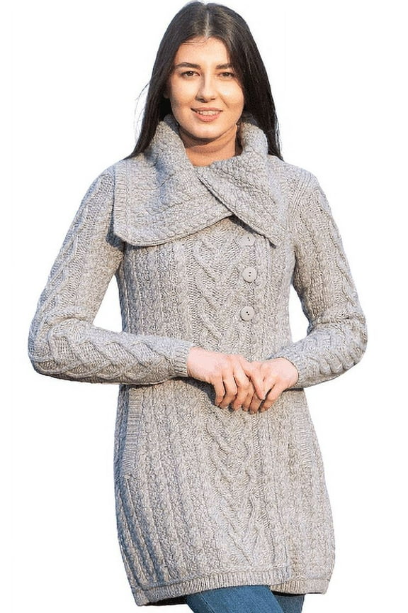 100% Merino Wool Women's Aran Cable Knit Cardigan Sweater Irish Oversized Collar Long Outdoor Coat Made in Ireland