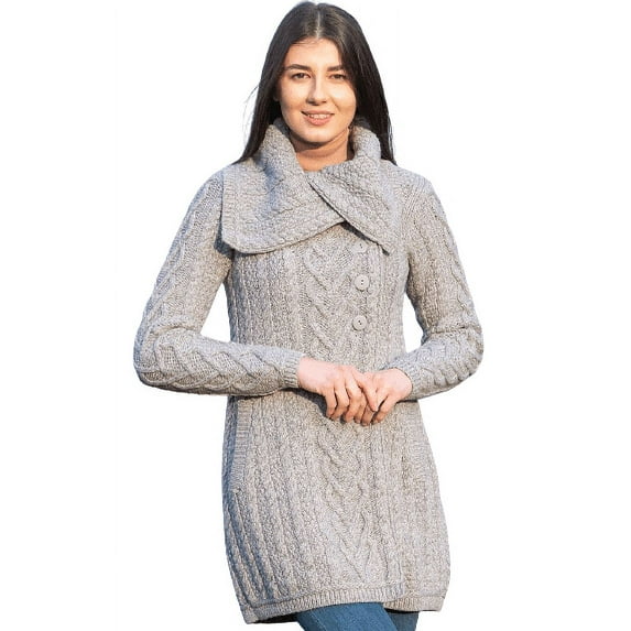 SAOL 100% Merino Wool Women's Aran Cable Knit Cardigan Sweater Irish Oversized Collar Long Outdoor Coat Made in Ireland