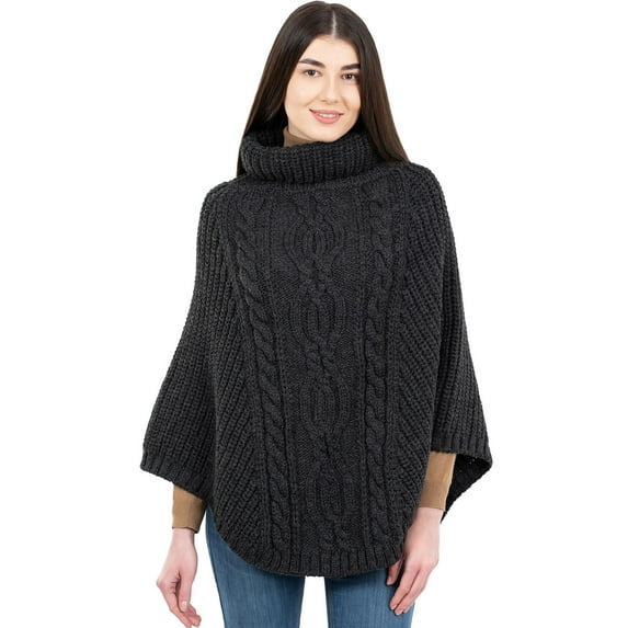 SAOL 100% Merino Wool Women's Aran Cable Knit Poncho Oversize Sweater High Neck Irish Cape Made in Ireland