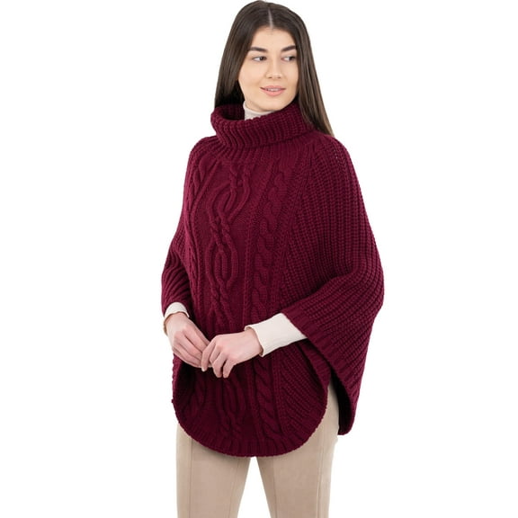 SAOL 100% Merino Wool Women's Aran Cable Knit Poncho Oversize Sweater High Neck Irish Cape Made in Ireland