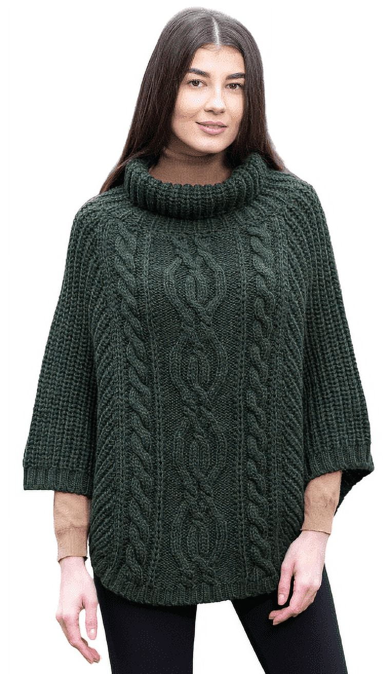 Aran Fisherman Turtleneck Cable Knit Poncho for Women 100% 