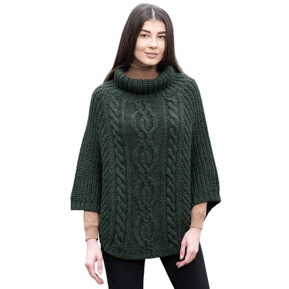SAOL 100% Merino Wool Women's Aran Cable Knit Poncho Oversize Sweater High Neck Irish Cape Made in Ireland