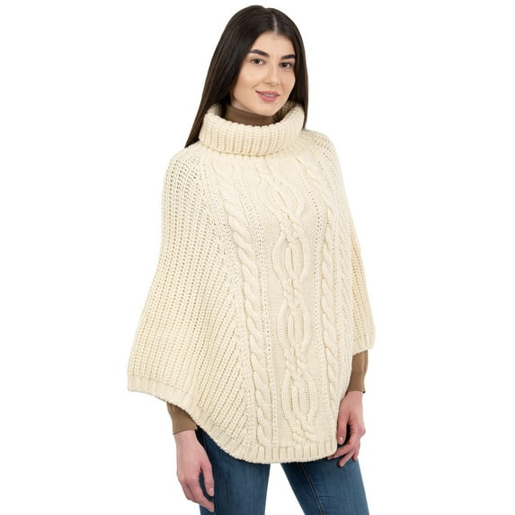 SAOL 100% Merino Wool Women's Aran Cable Knit Poncho Oversize Sweater High Neck Irish Cape Made in Ireland