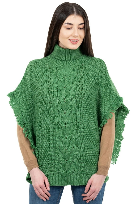 100% Merino Wool Women's Aran Cable Knitted Poncho Irish Cape High Neck Sweater Made in Ireland