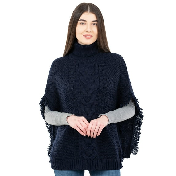 SAOL 100% Merino Wool Women's Aran Cable Knitted Poncho Irish Cape High Neck Sweater Made in Ireland