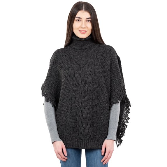 SAOL 100% Merino Wool Women's Aran Cable Knitted Poncho Irish Cape High Neck Sweater Made in Ireland
