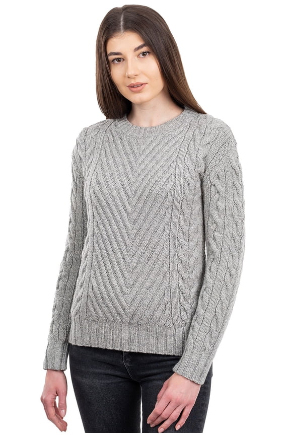 100% Merino Wool Women's Aran Irish Cable Knit Sweater Traditional Fisherman Crew Funnel Neck Pullover Made in Ireland