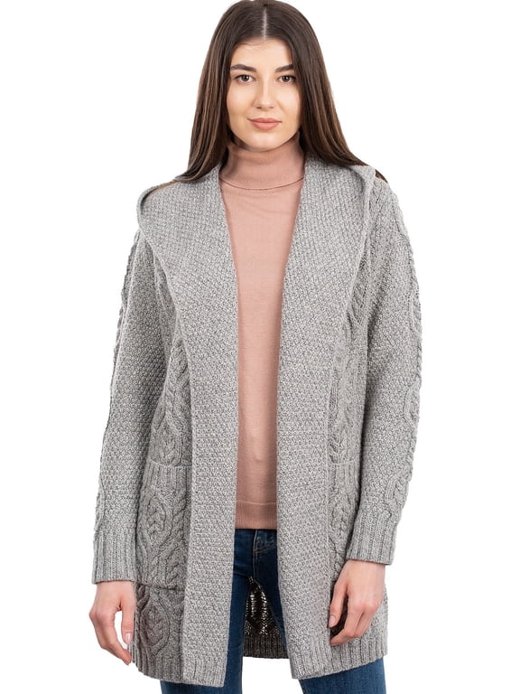100% Merino Wool Women's Aran Open Front Long Cardigan Sweater Irish Cable Knit Outdoor Coat with Hood Made in Ireland