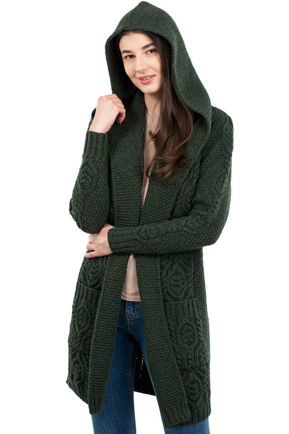 100% Merino Wool Women's Aran Open Front Long Cardigan Sweater Irish Cable Knit Outdoor Coat with Hood Made in Ireland